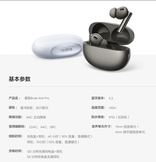 realme 真我 Buds Air6 / Pro 耳机发布：50dB 降噪，售价 269 元起